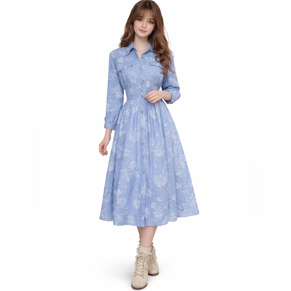 Cottage Boho Feminine Floral Chambray 90s Button Front Empire Waist Midi Dress